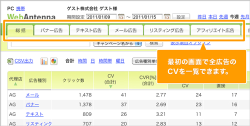 �L�����ʑ���c�[���u�E�F�u�A���e�i(WebAntenna)�v�ł́A�ŏ��̉�ʂőS�Ă̍L���̃R���o�[�W�������ꗗ�Ō��邱�Ƃ��ł��܂�